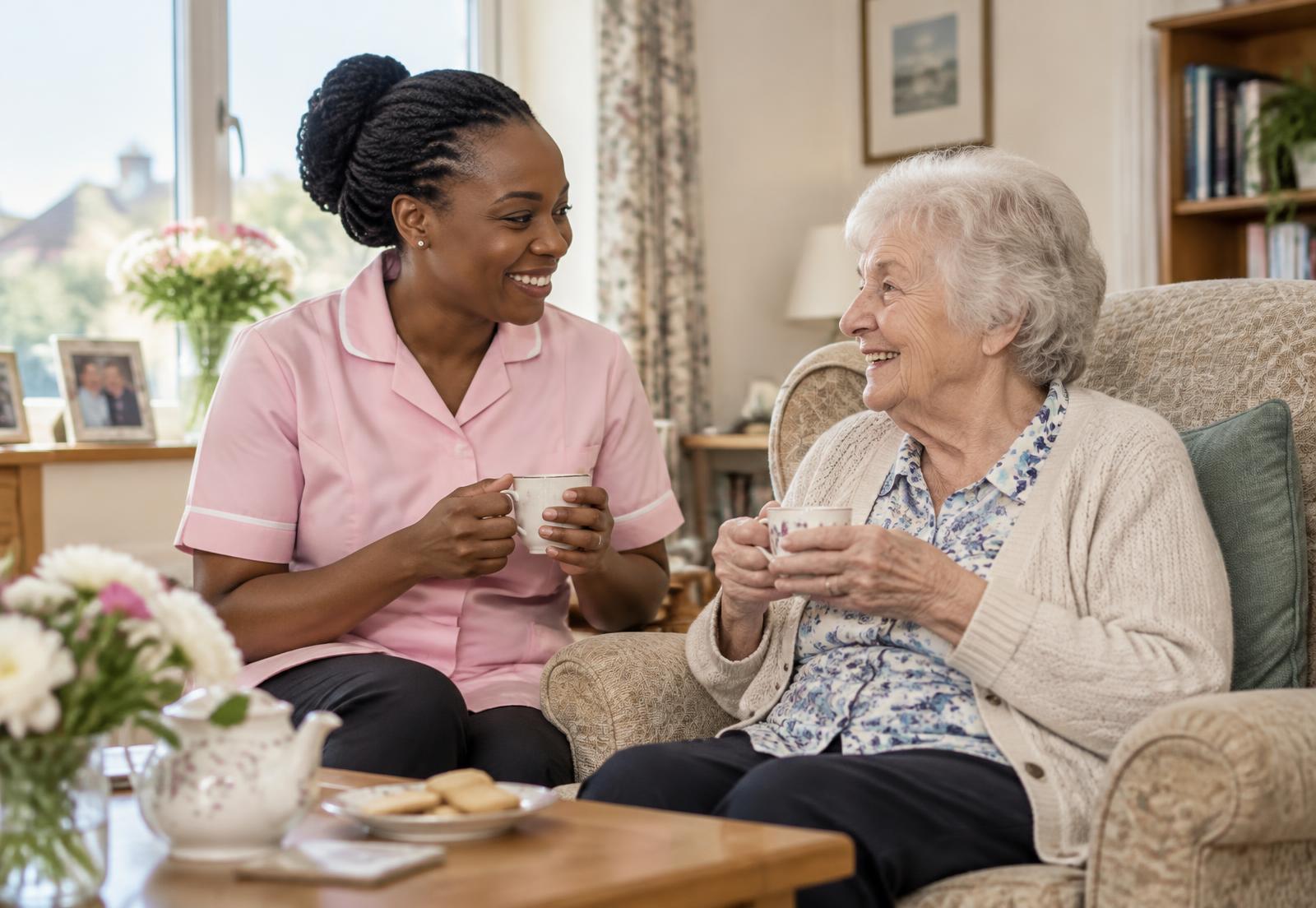 Illustrative image of a carer sharing a cup of tea with an older woman at home